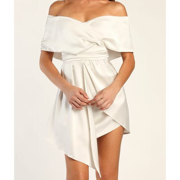 Lulus Satin Off-the-Shoulder Mini Dress Ivory Size Small NEW - Picture 3 of 13